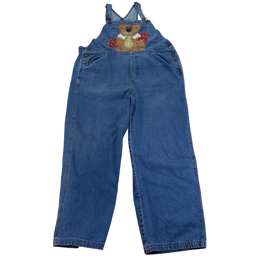 Vintage Reworked Teddy Bear Denim Overalls Women 18W Blue Wide Leg Star Applique